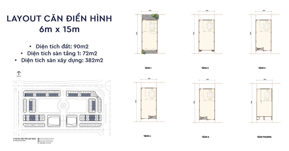 Mặt bằng căn Shoptique điển hình diện tích 6m x 15m